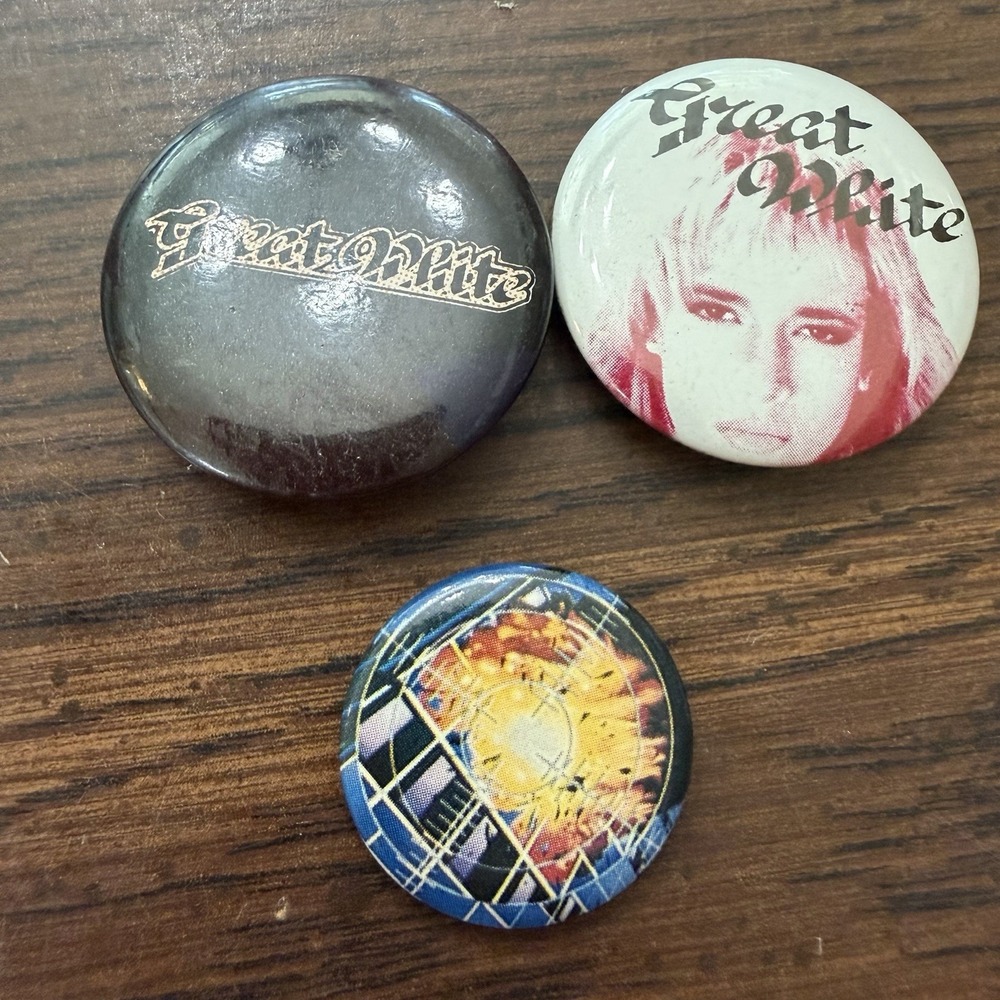Vintage Def Leppard & Great White Pinback Buttons Lot Of 3 Hair Metal Rock Bands